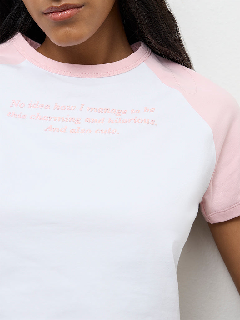 Nuon White Text-Printed Cotton T-Shirt