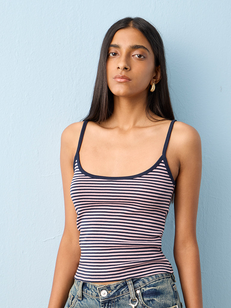 Nuon Pink Striped Cotton Tank Top