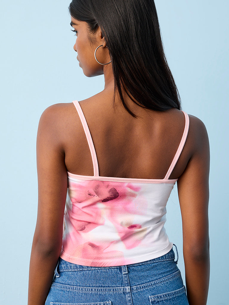 Nuon White Floral Design Cotton-Blend Top