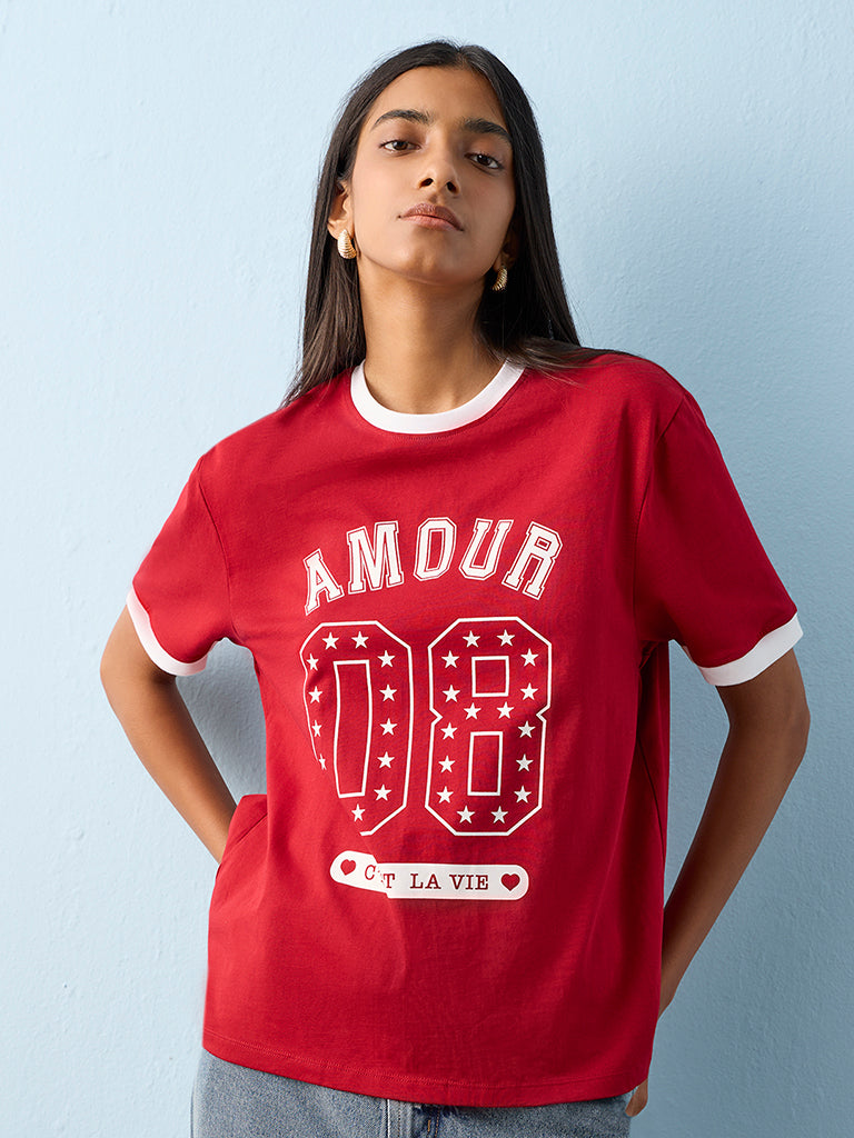 Nuon Red Printed Cotton T-Shirt