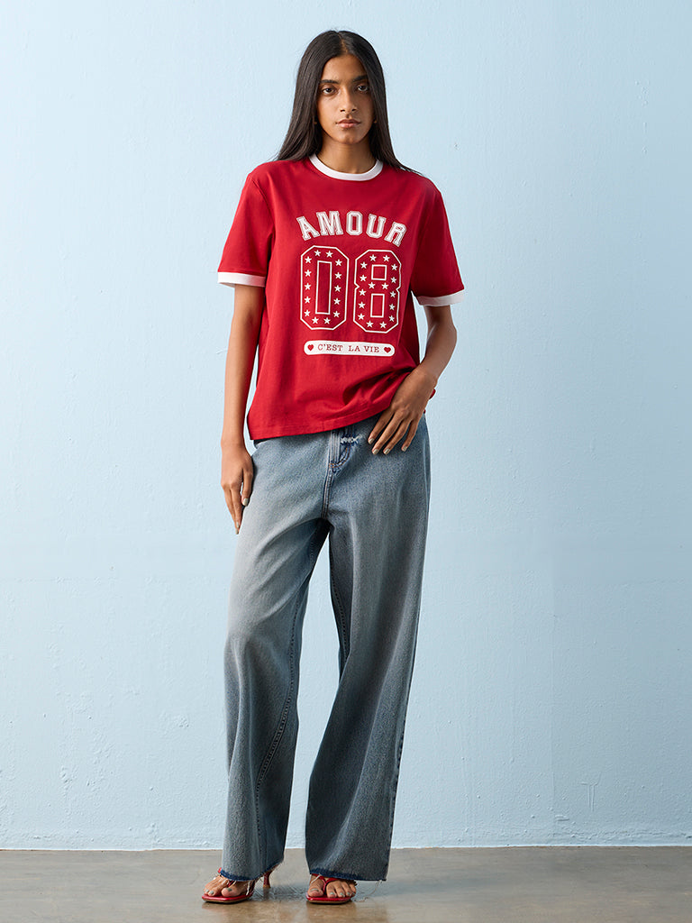 Nuon Red Printed Cotton T-Shirt