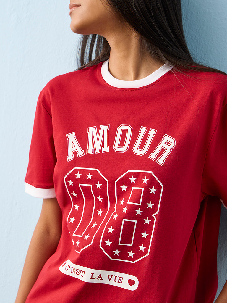Nuon Red Printed Cotton T-Shirt