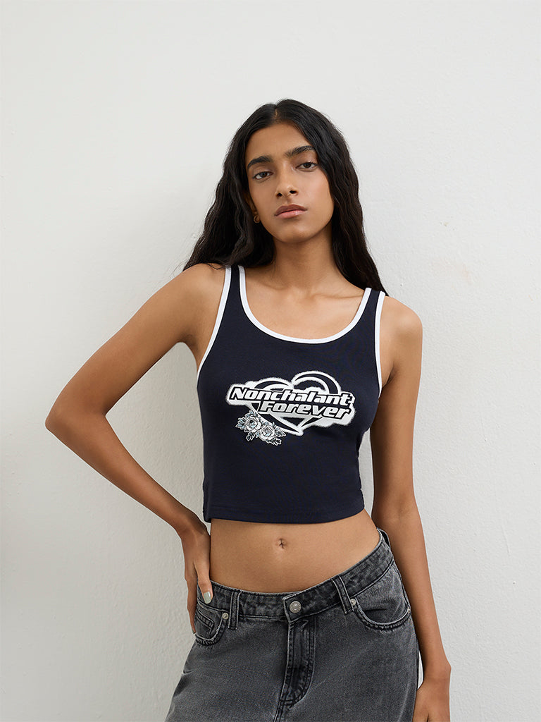 Nuon Navy Text Printed Cotton-Blend Top