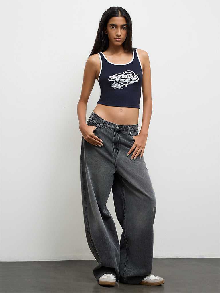 Nuon Navy Text Printed Cotton-Blend Top