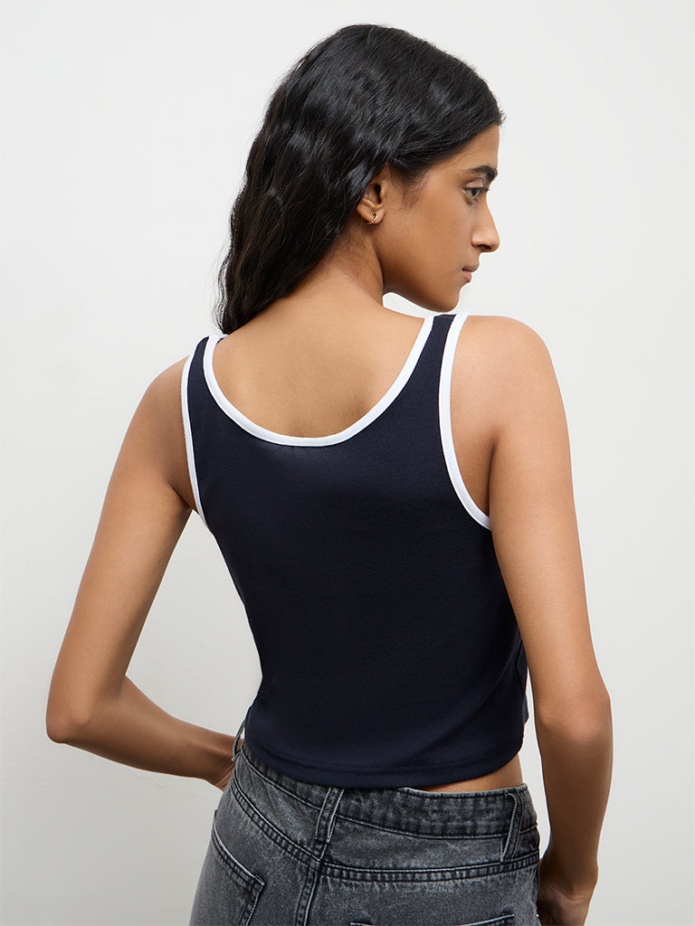 Nuon Navy Text Printed Cotton-Blend Top