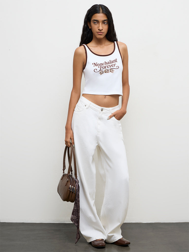 Nuon White Text Printed Cotton-Blend Top