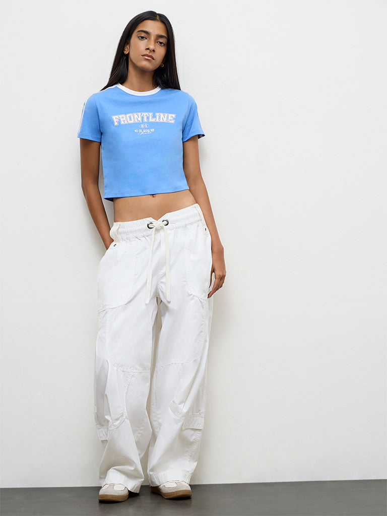 Nuon Blue Text-Printed Cotton T-Shirt