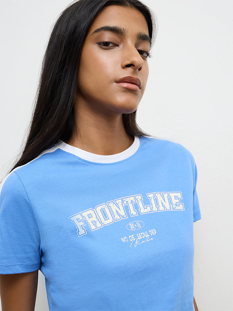 Nuon Blue Text-Printed Cotton T-Shirt