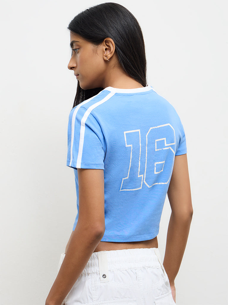 Nuon Blue Text-Printed Cotton T-Shirt