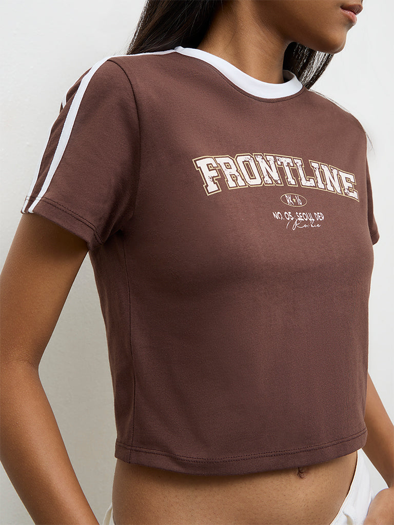 Nuon Dark Brown Text-Printed Cotton T-Shirt