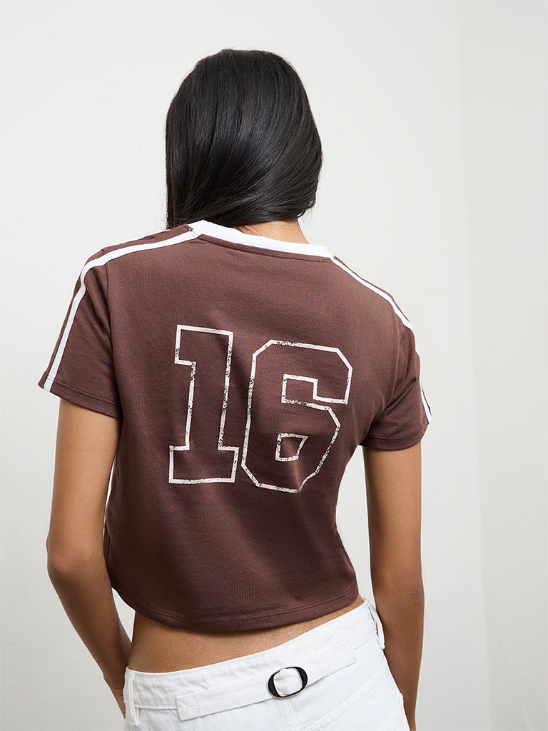 Nuon Dark Brown Text-Printed Cotton T-Shirt