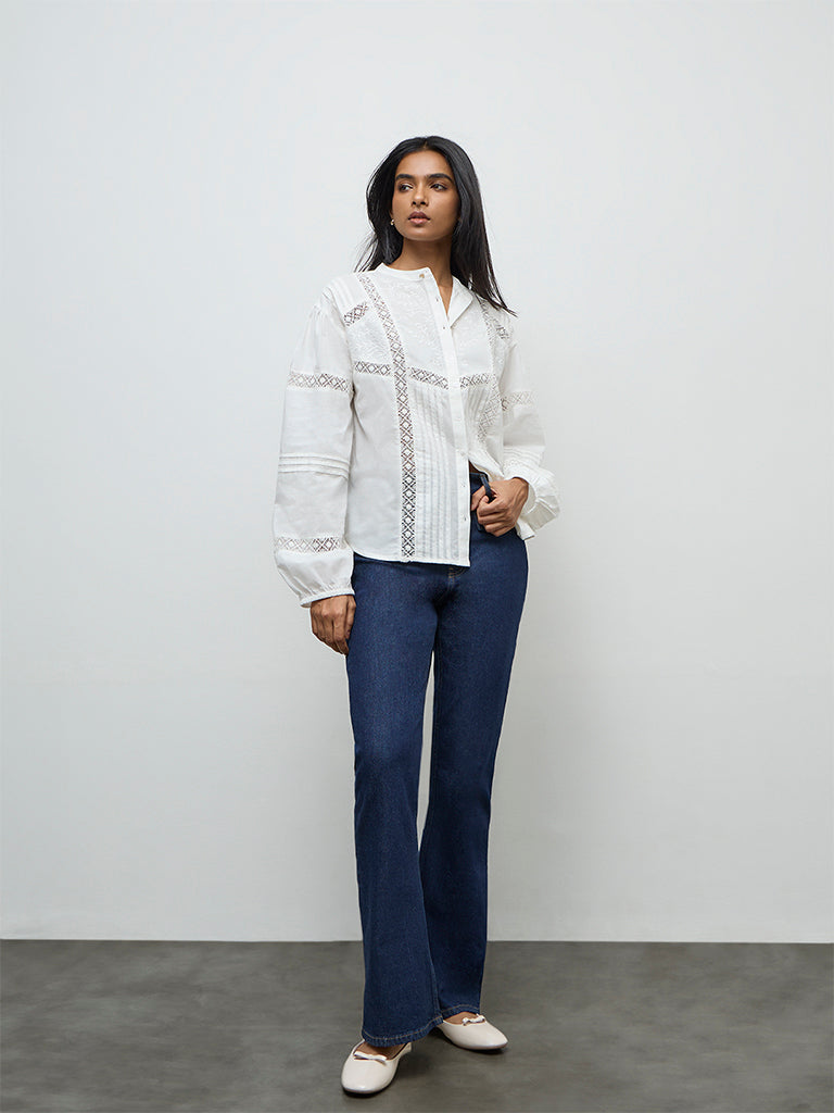 LOV Off-White Lace-Embroidered Cotton Blouse