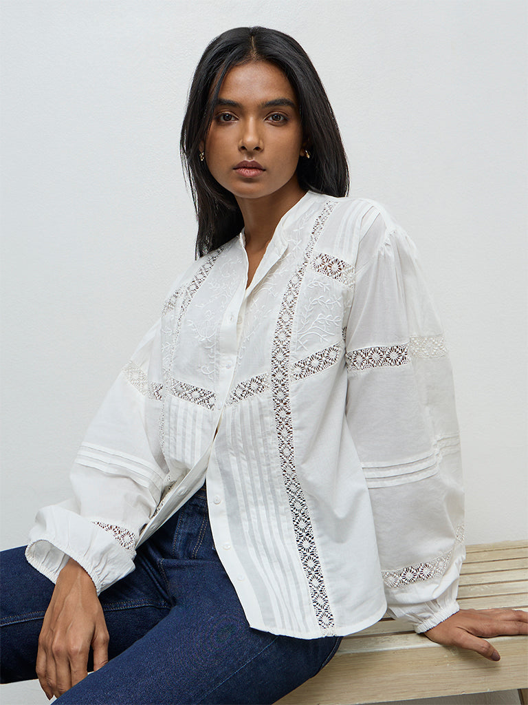 LOV Off-White Lace-Embroidered Cotton Blouse