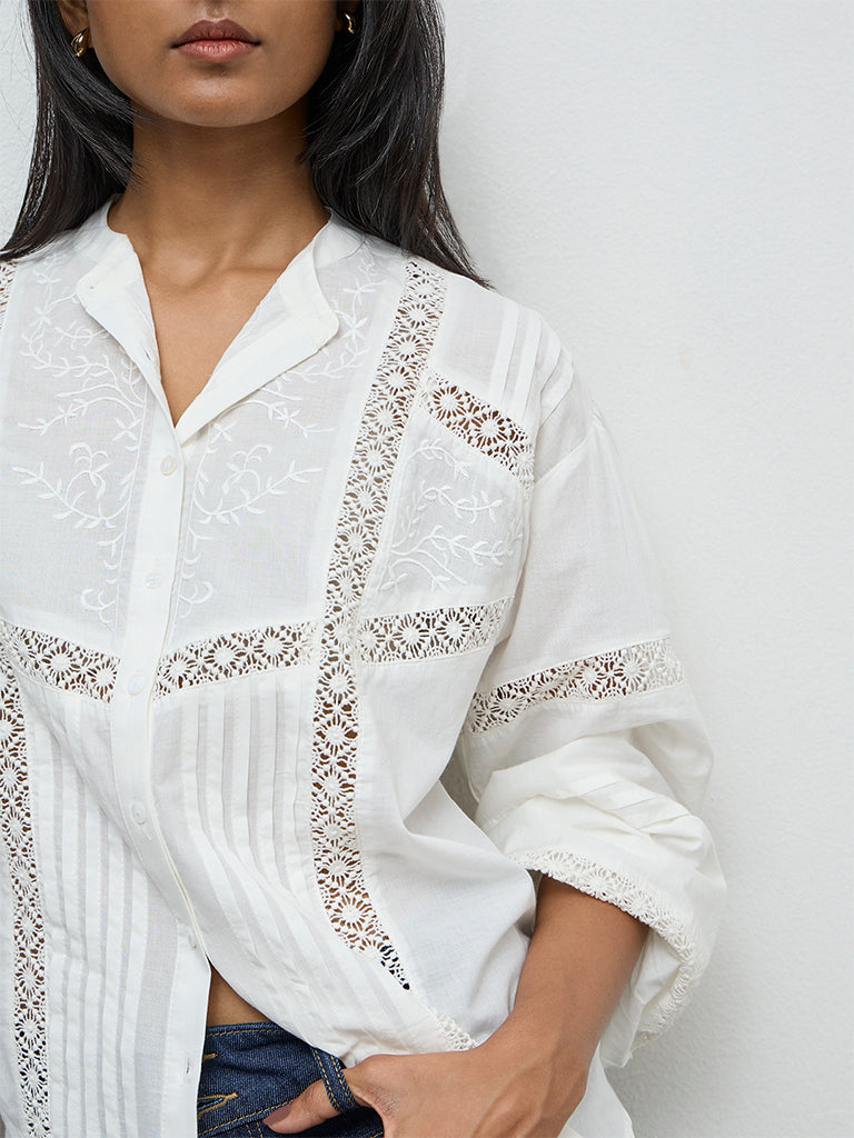 LOV Off-White Lace-Embroidered Cotton Blouse