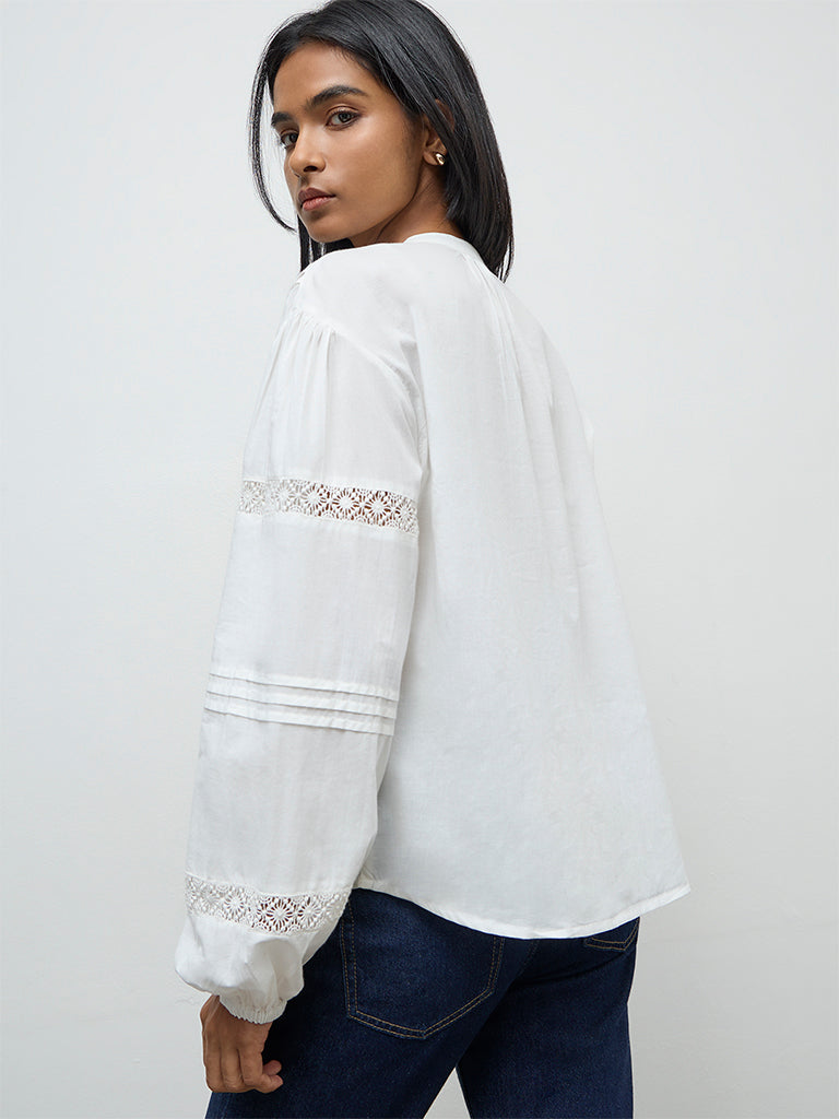 LOV Off-White Lace-Embroidered Cotton Blouse