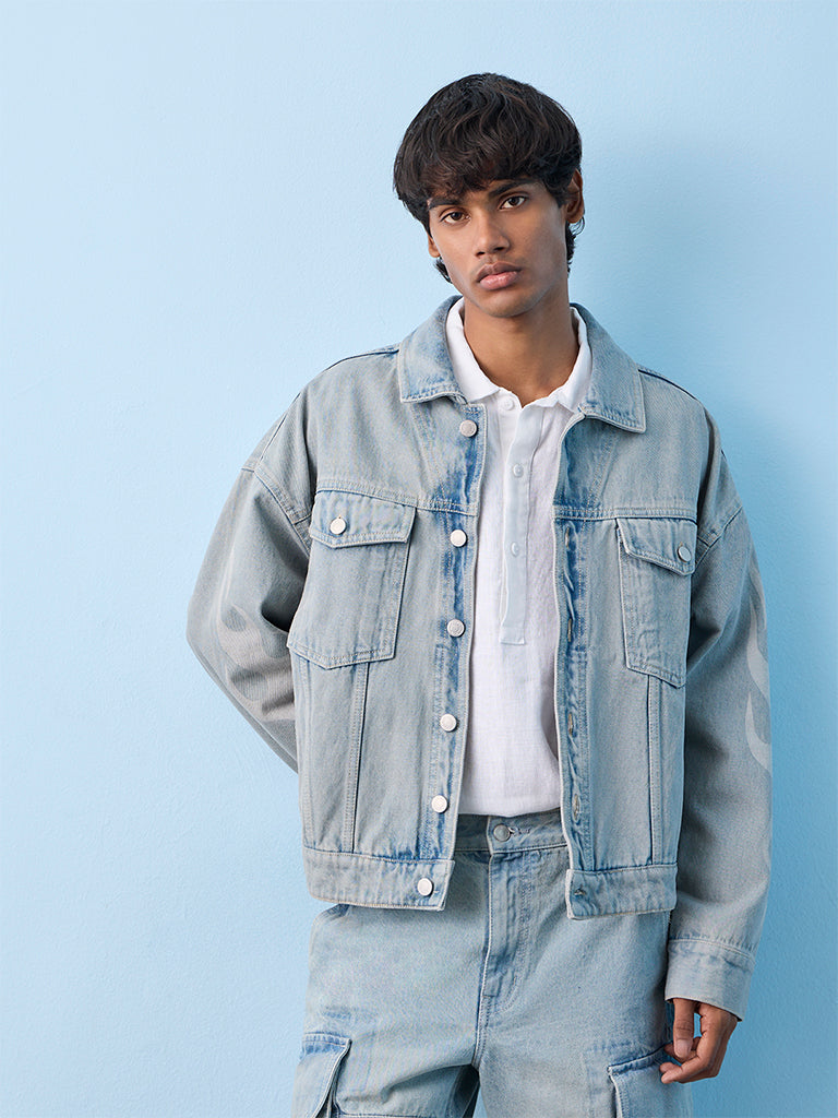 Nuon Light Blue Flame-Printed Relaxed-Fit Denim Jacket