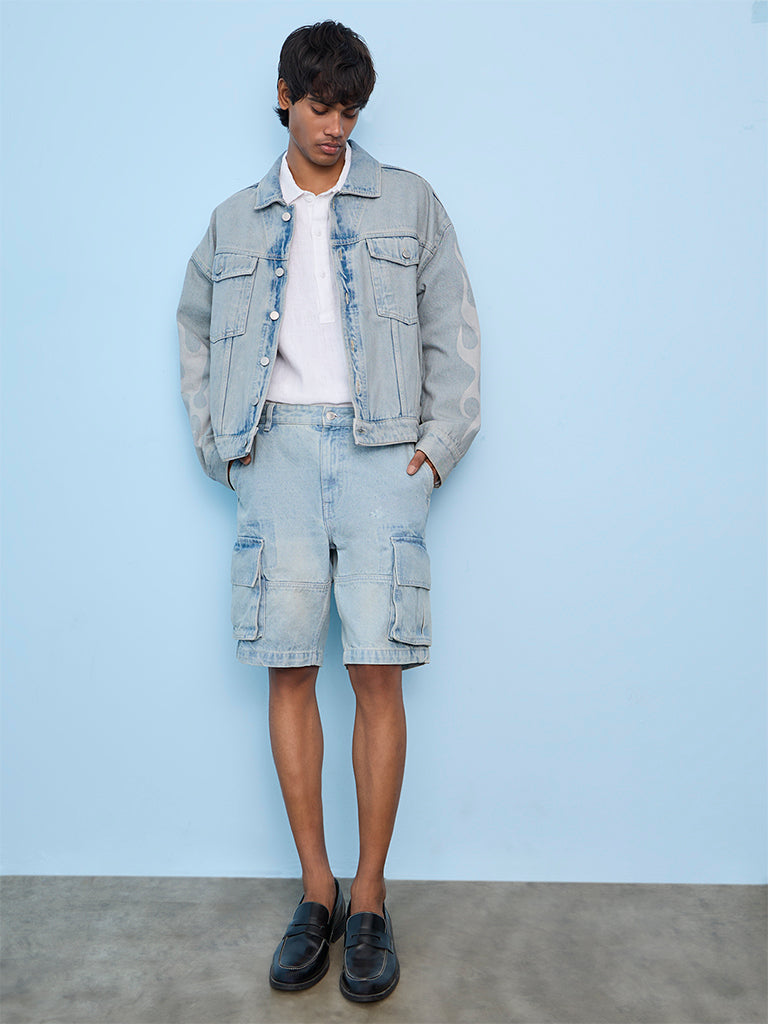 Nuon Light Blue Flame-Printed Relaxed-Fit Denim Jacket