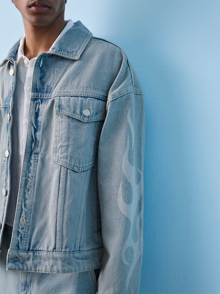 Nuon Light Blue Flame-Printed Relaxed-Fit Denim Jacket