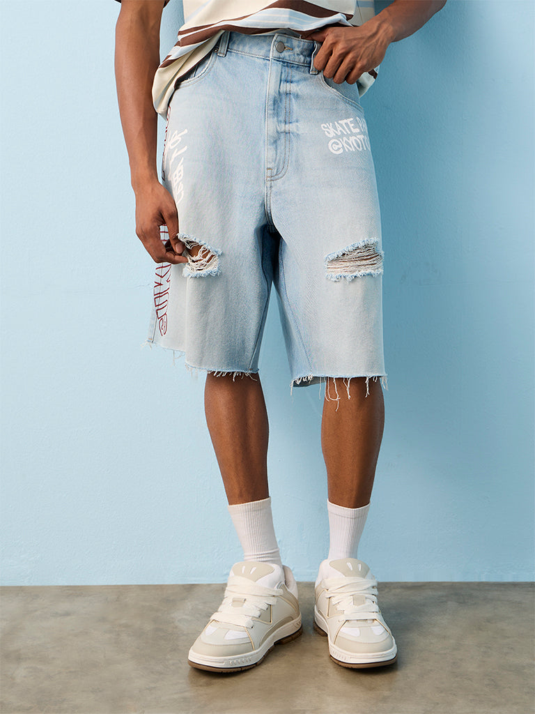 Nuon Light Blue Distressed Baggy-Fit Denim Jorts