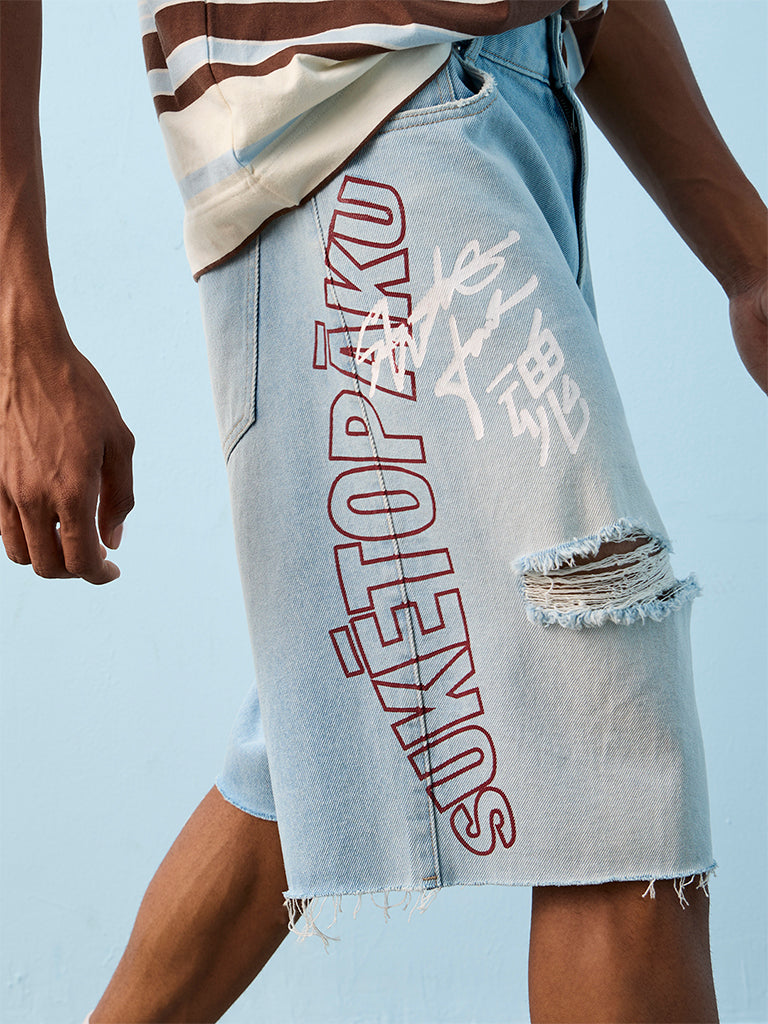 Nuon Light Blue Distressed Baggy-Fit Denim Jorts