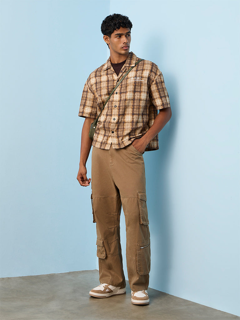 Nuon Brown Checkered Printed Relaxed-Fit Cotton Shirt