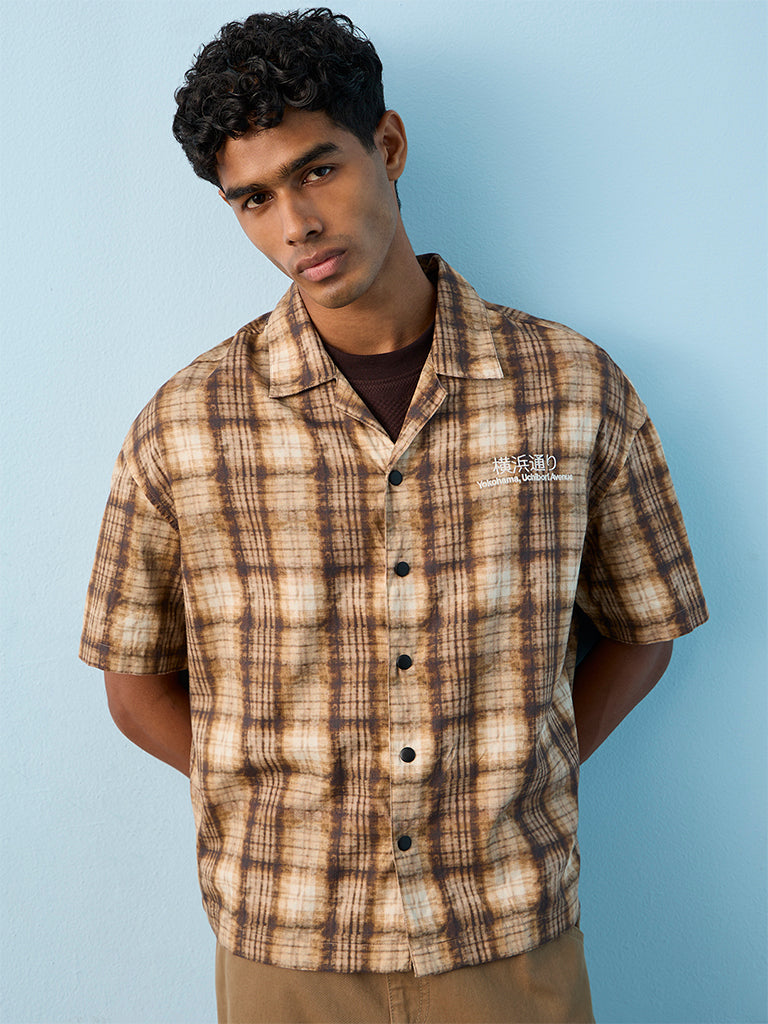 Nuon Brown Checkered Printed Relaxed-Fit Cotton Shirt