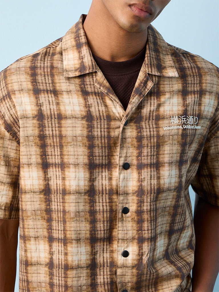 Nuon Brown Checkered Printed Relaxed-Fit Cotton Shirt