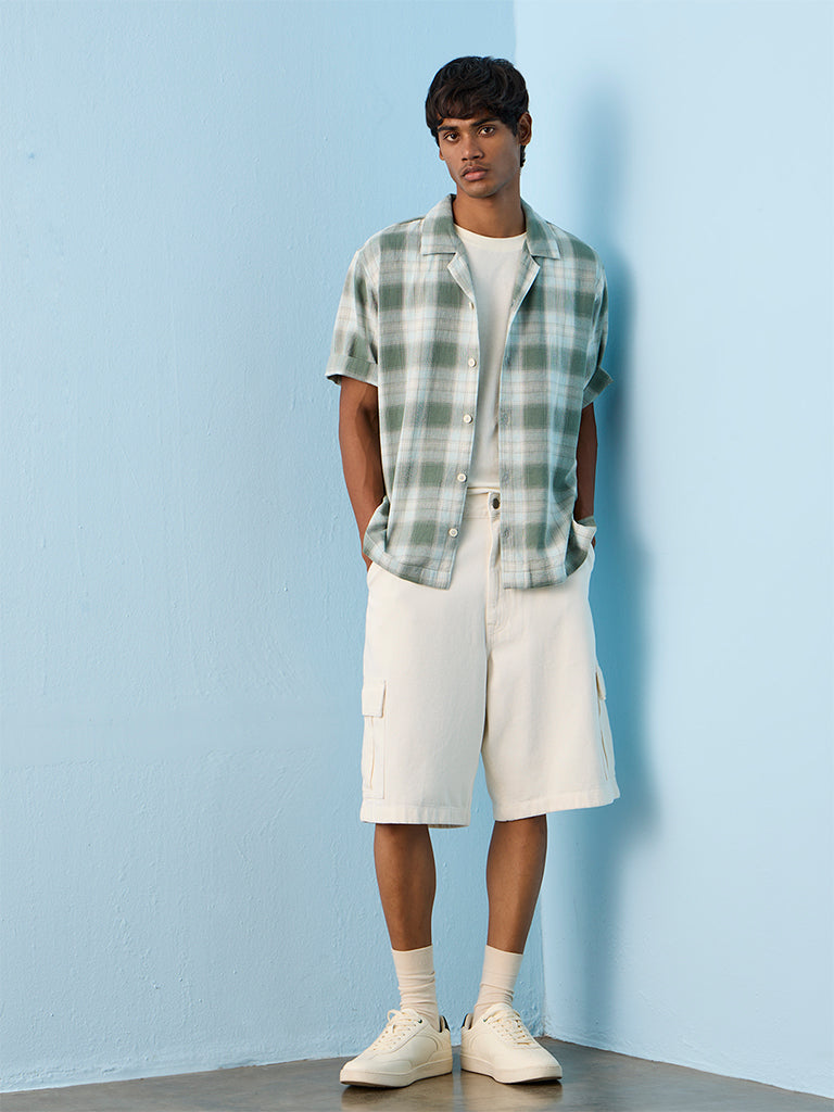 Nuon Green Checkered Relaxed-Fit Cotton Shirt