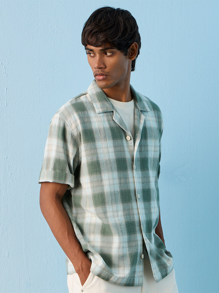 Nuon Green Checkered Relaxed-Fit Cotton Shirt