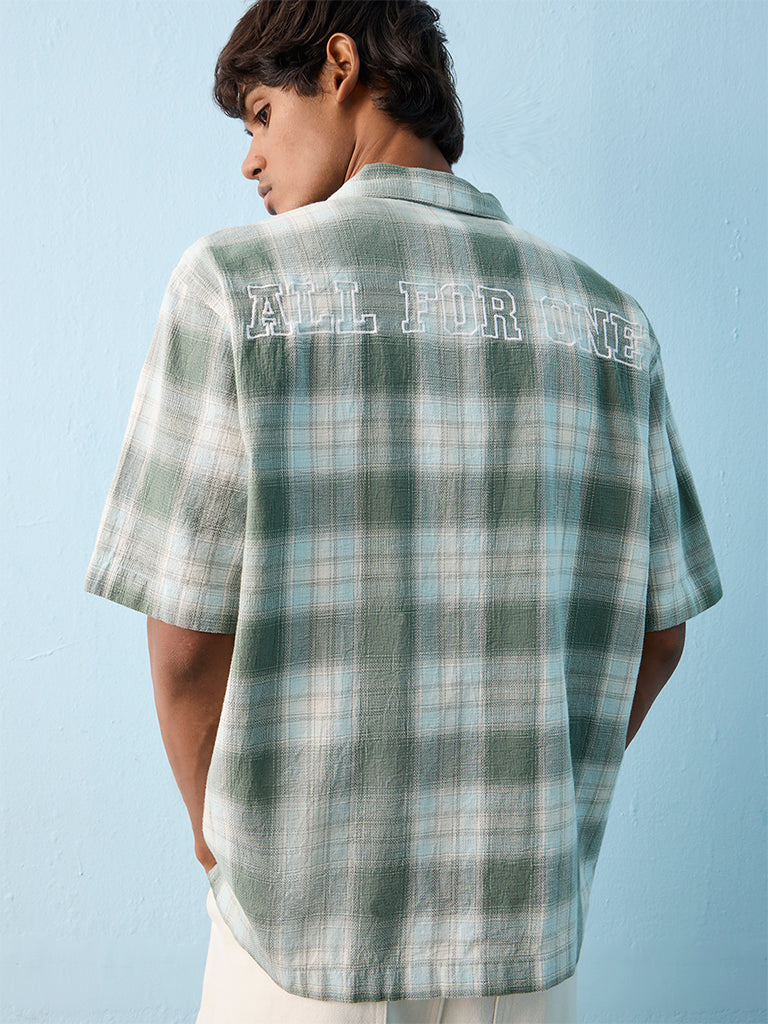 Nuon Green Checkered Relaxed-Fit Cotton Shirt