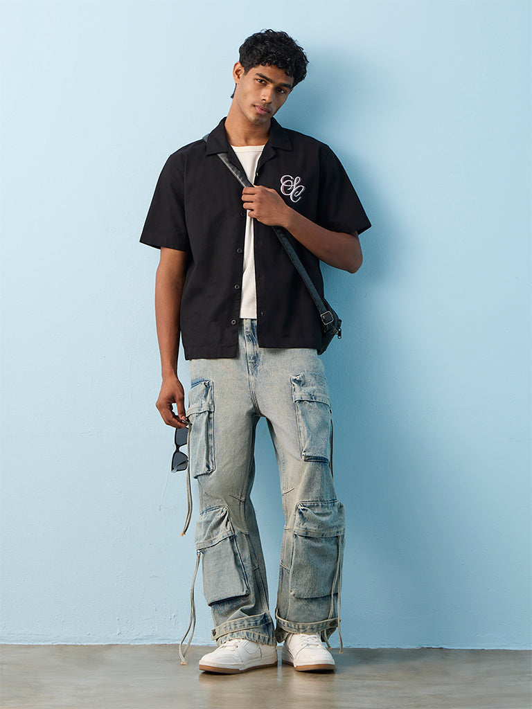 Nuon Black Text Printed Relaxed-Fit Cotton Shirt