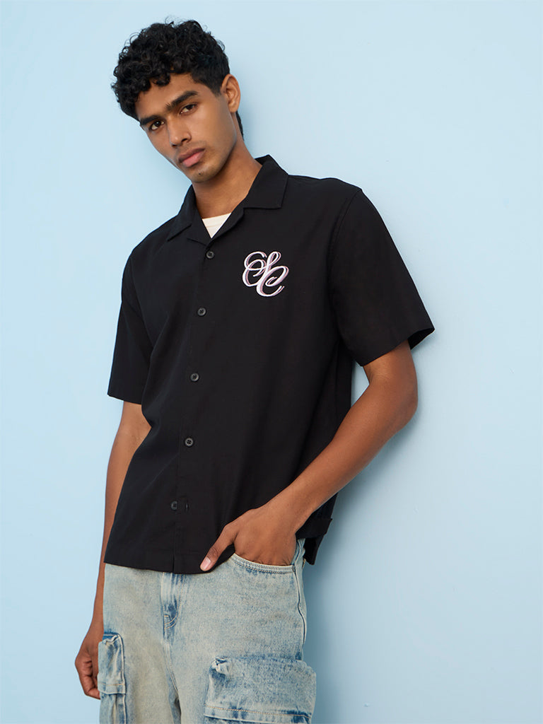 Nuon Black Text Printed Relaxed-Fit Cotton Shirt