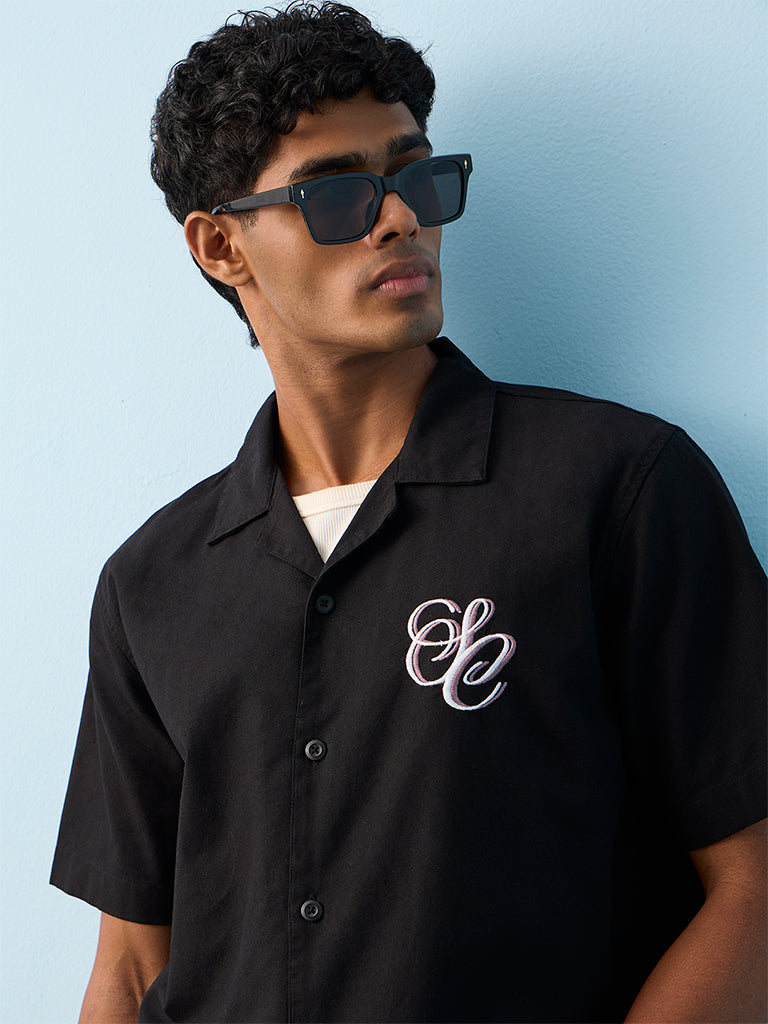 Nuon Black Text Printed Relaxed-Fit Cotton Shirt
