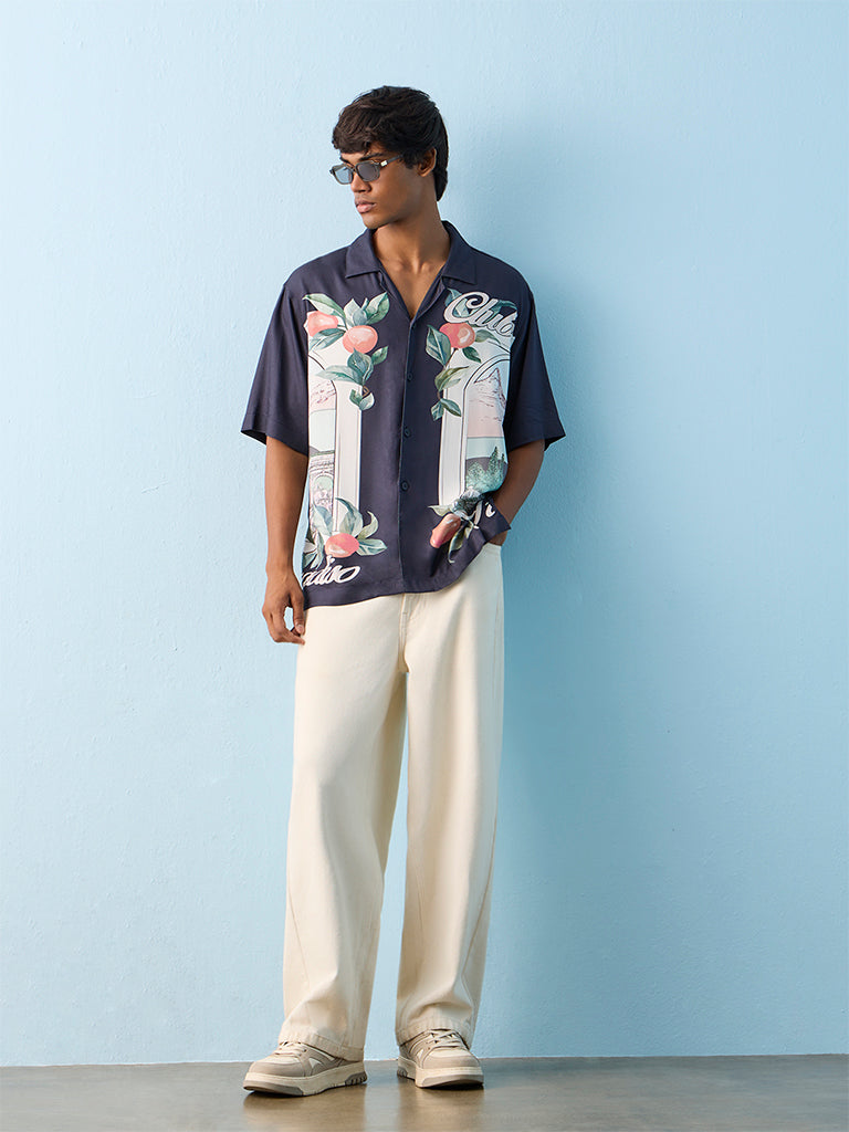 Nuon Navy Printed Relaxed-Fit Shirt
