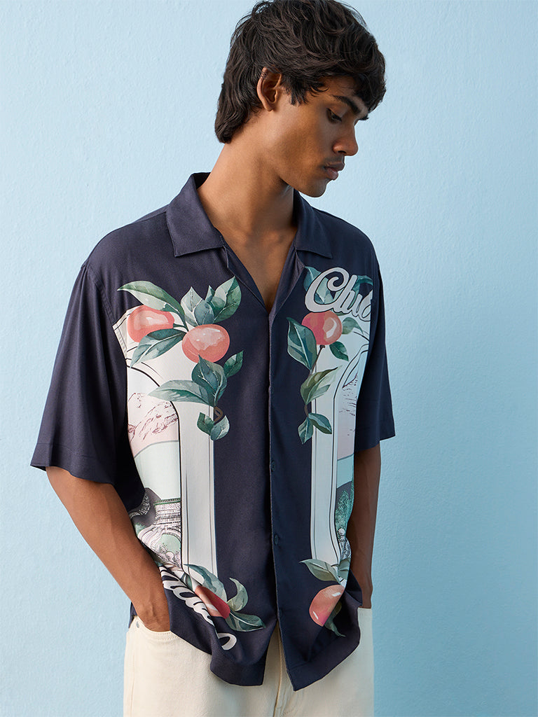 Nuon Navy Printed Relaxed-Fit Shirt