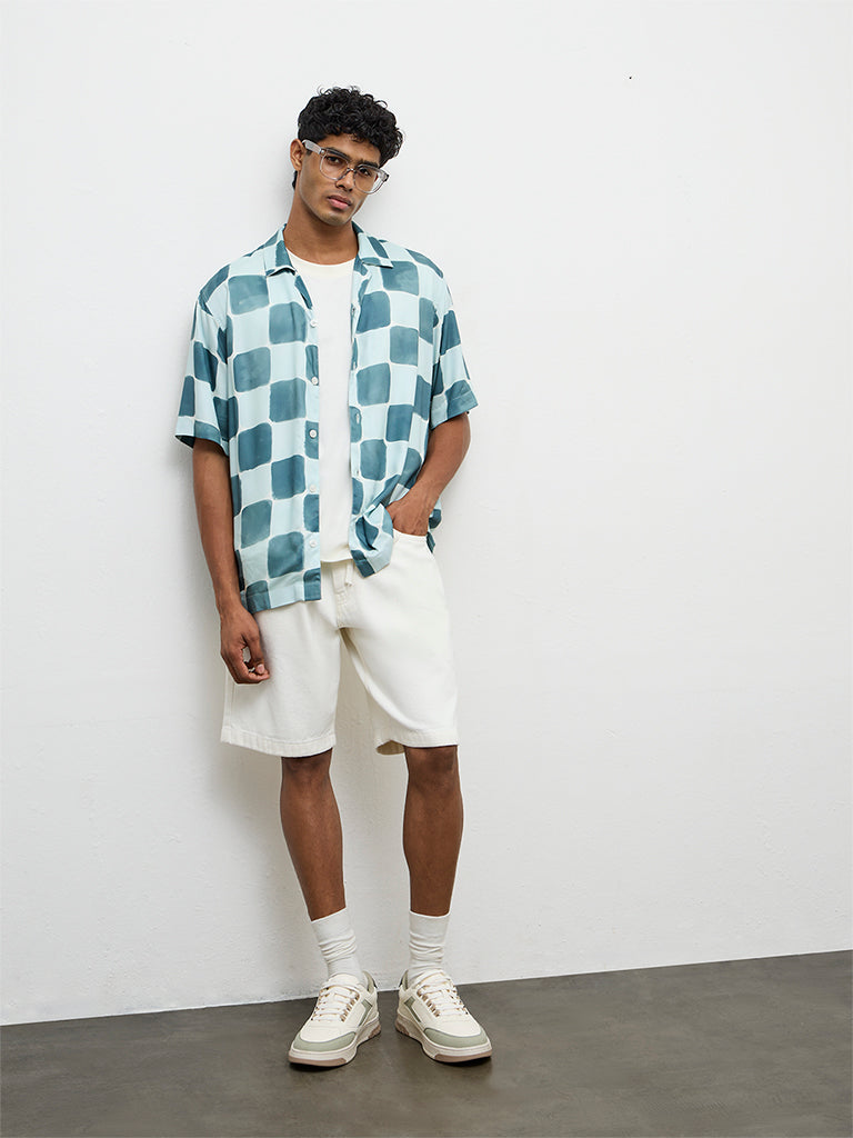 Nuon Teal Checkered Relaxed-Fit Shirt