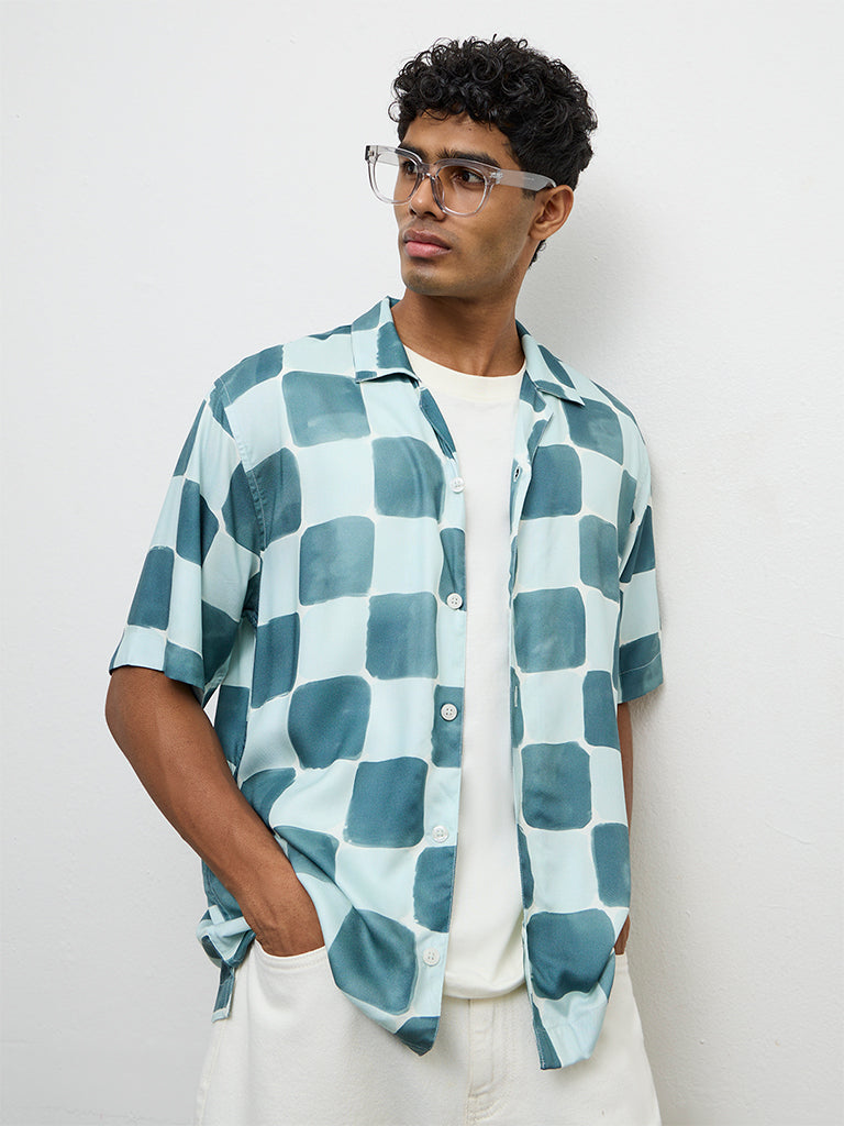 Nuon Teal Checkered Relaxed-Fit Shirt