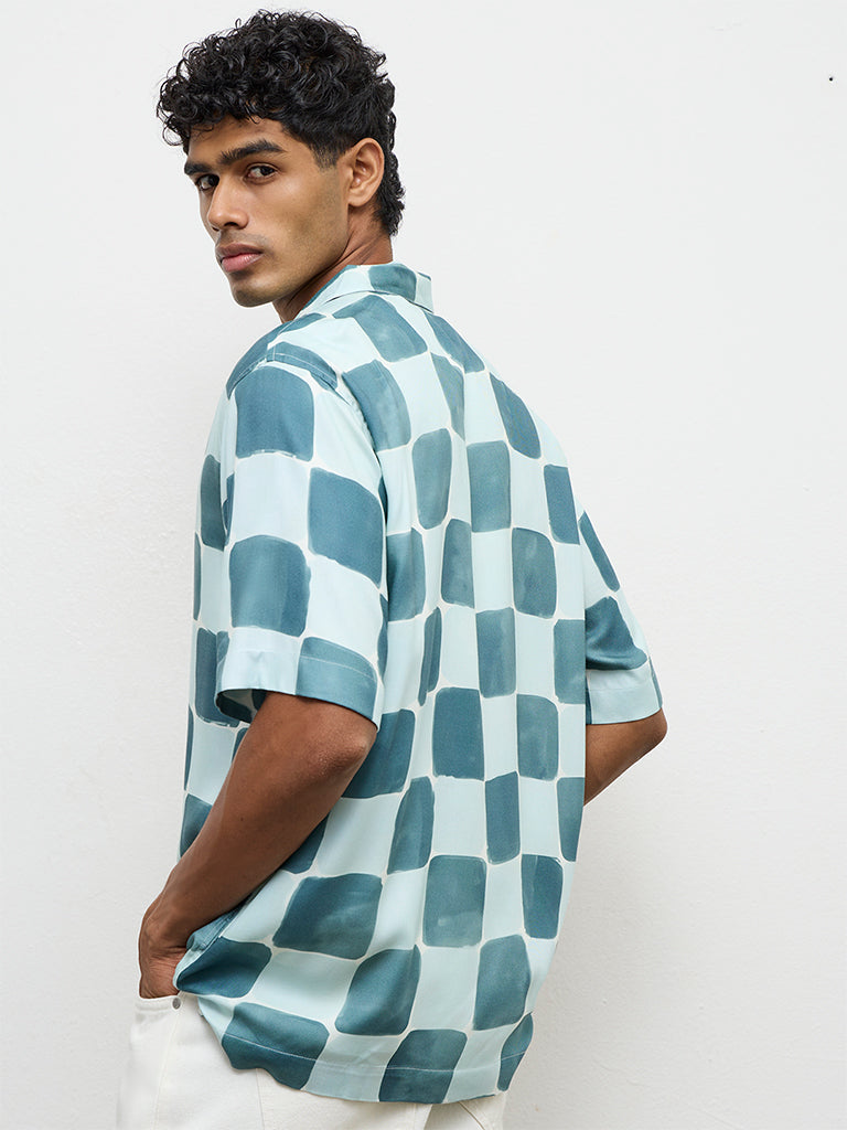 Nuon Teal Checkered Relaxed-Fit Shirt