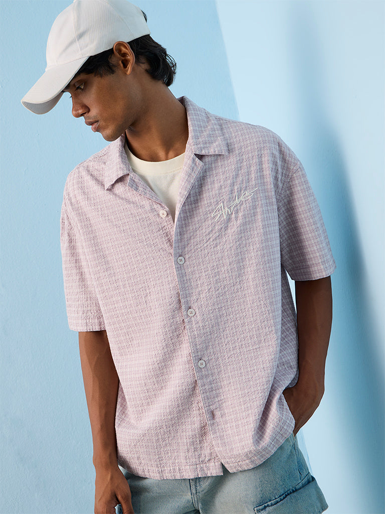 Nuon Lilac Checkered Boxy-Fit Cotton Shirt