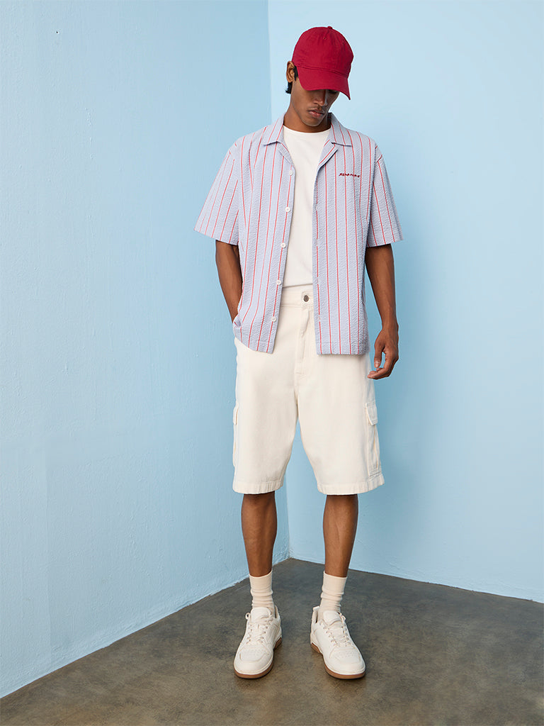Nuon Light Blue Striped Relaxed-Fit Cotton Shirt