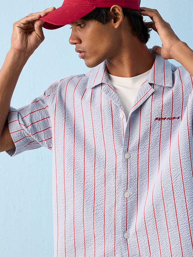 Nuon Light Blue Striped Relaxed-Fit Cotton Shirt