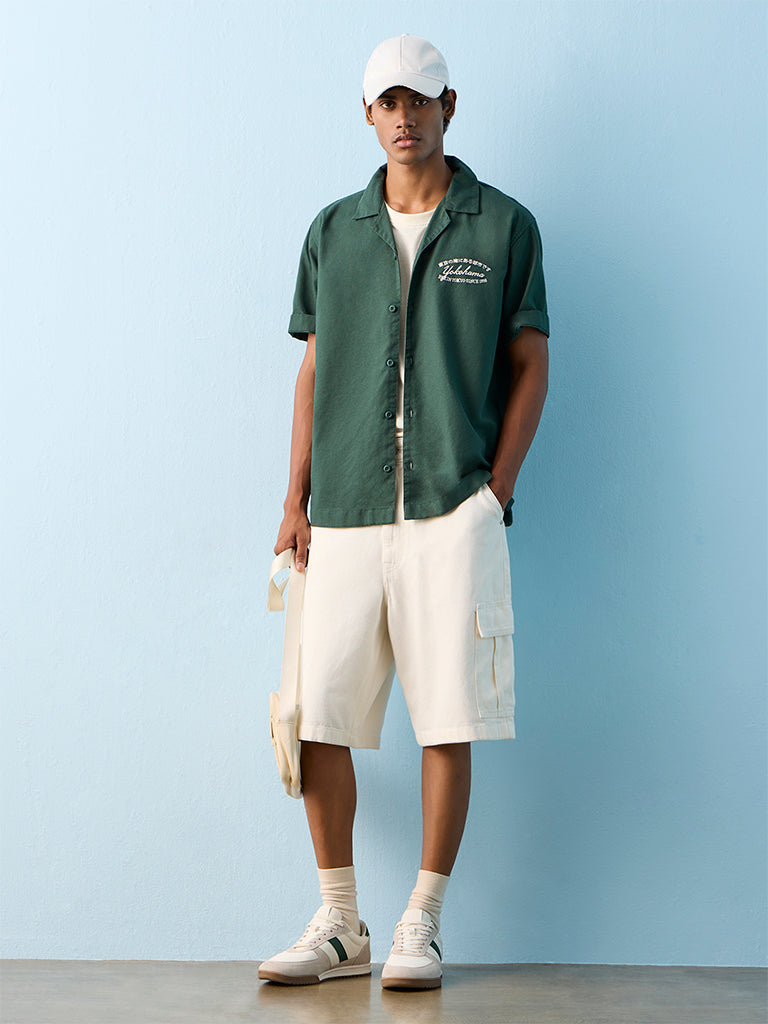Nuon Green Text-Printed Relaxed-Fit Cotton Shirt