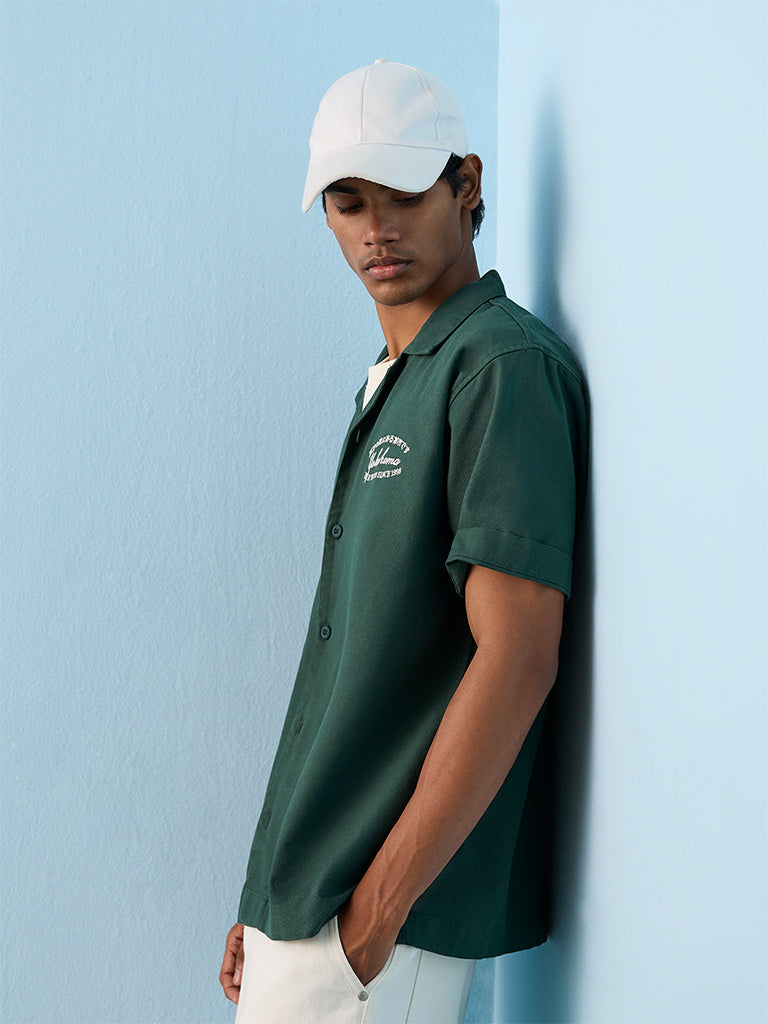 Nuon Green Text-Printed Relaxed-Fit Cotton Shirt