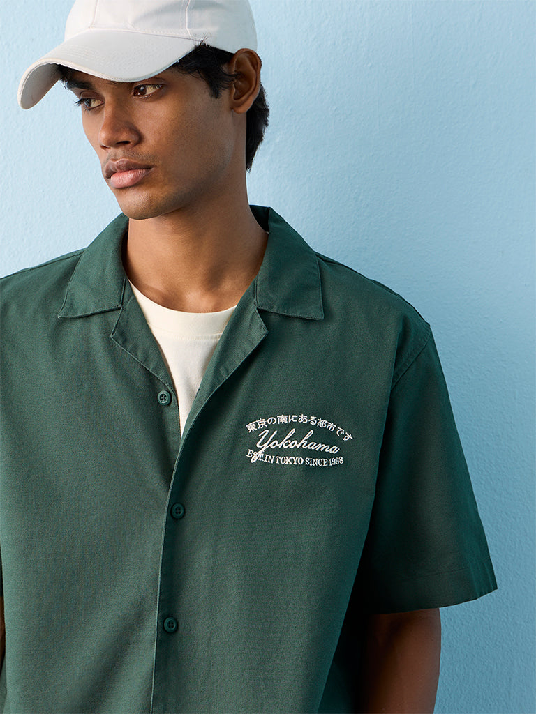 Nuon Green Text-Printed Relaxed-Fit Cotton Shirt