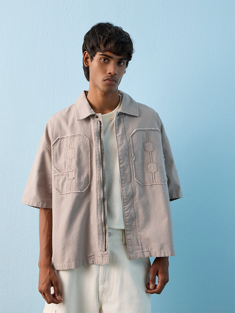 Nuon Grey Numerical Embroidered Boxy-Fit Cotton Shirt