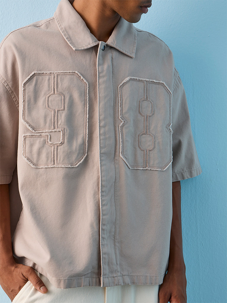 Nuon Grey Numerical Embroidered Boxy-Fit Cotton Shirt