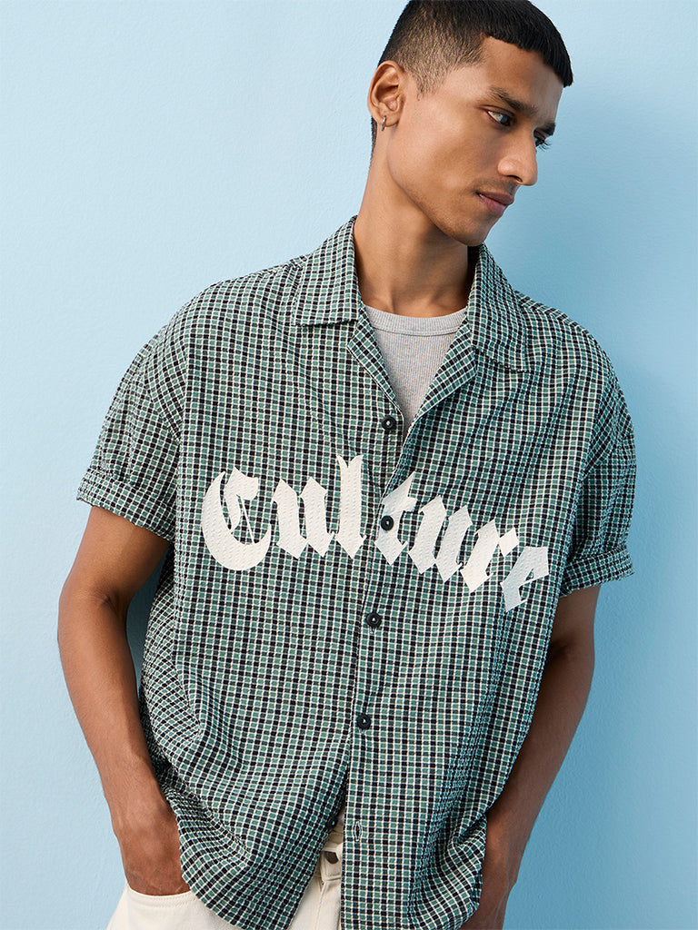 Nuon Green Checkered Relaxed-Fit Cotton Shirt
