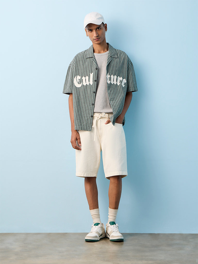 Nuon Green Checkered Relaxed-Fit Cotton Shirt