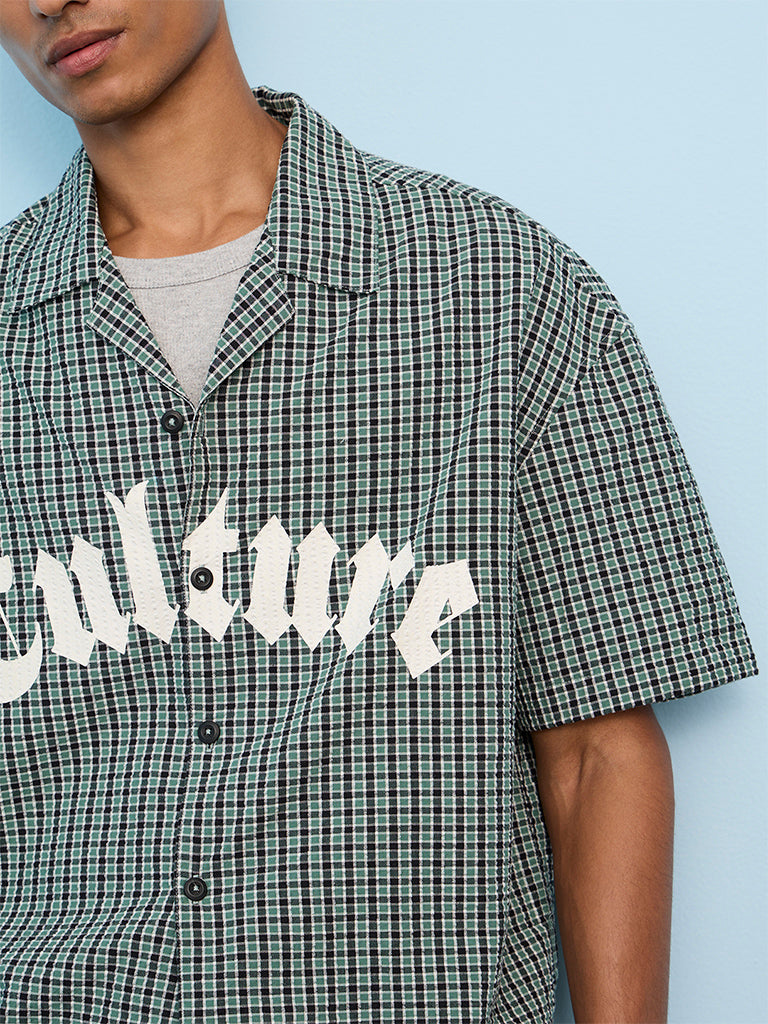 Nuon Green Checkered Relaxed-Fit Cotton Shirt