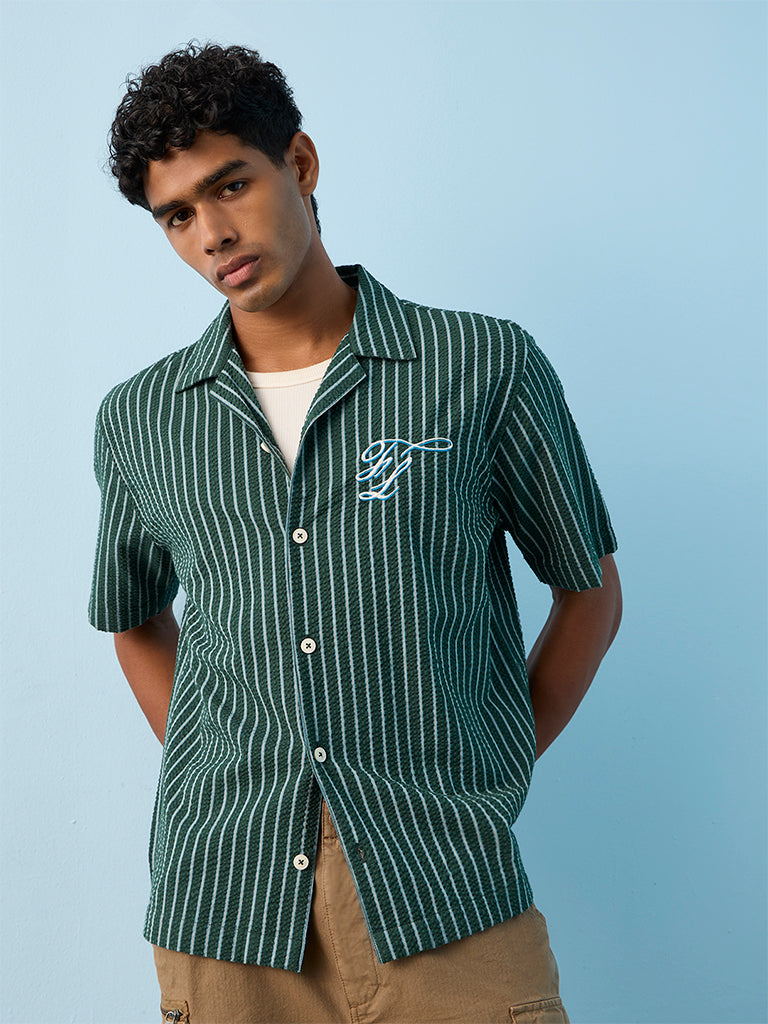 Nuon Green Striped Relaxed-Fit Cotton Shirt